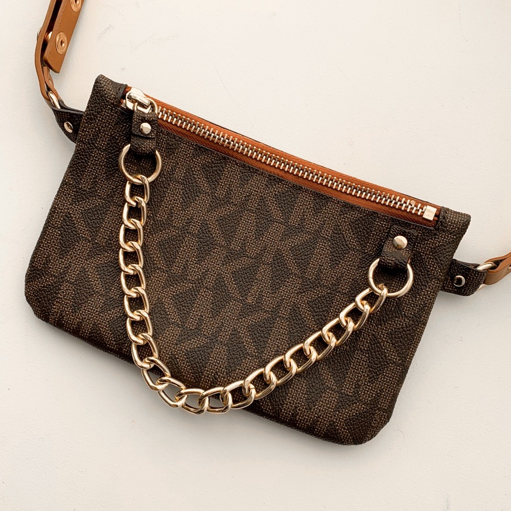 MICHAEL Michael Kors Brown Logo Chain Wristlet with Gold Hardware